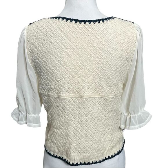Knit Crochet Button Blouse Women’s XS White Puff Sleeve Embroidered Cottagecore - Picture 3 of 10